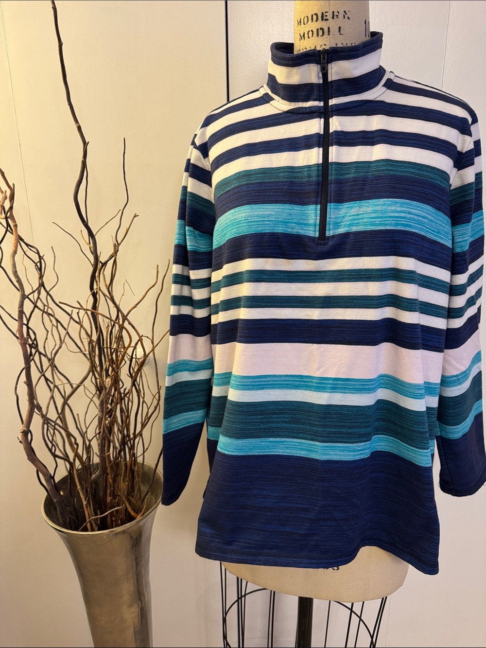 Talbots Striped Half-Zip Sweater in Navy, White & Light green